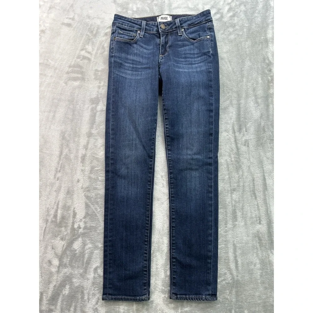 Paige Jeans Womens Sz 26 Dark Blue Skyline Ankle Peg Whiskered Stretch Faded Low